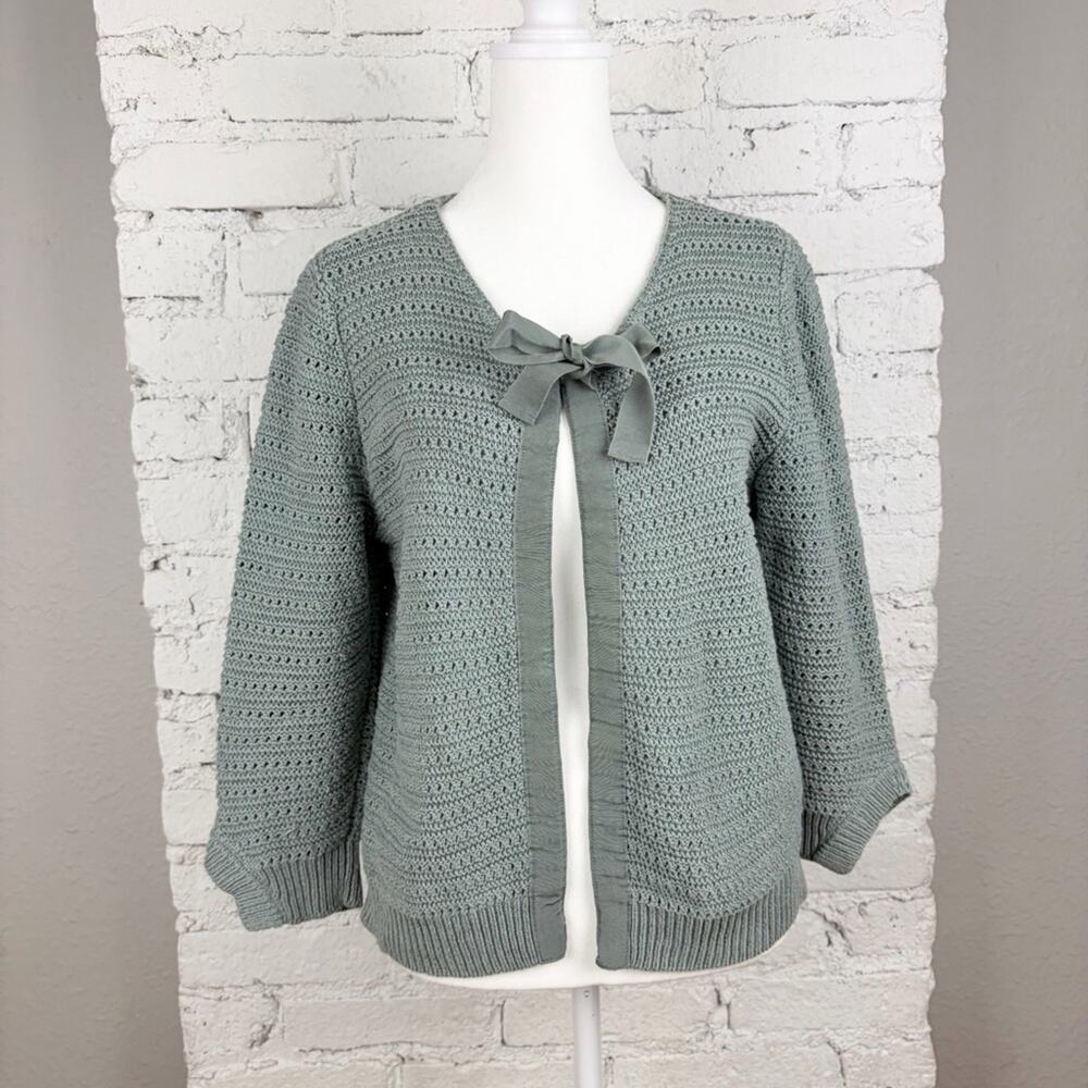 Falconeri Italy Dusty Blue Knit Front Tie Bow Cardigan Sweater Linen Cotton M